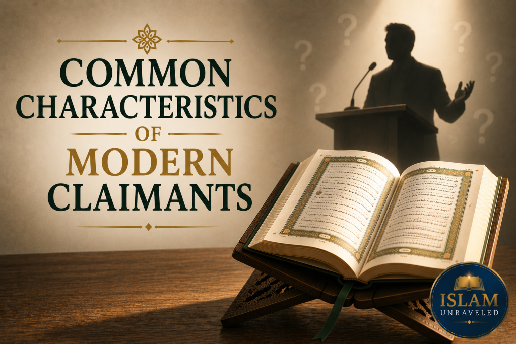 A symbolic illustration of an open Quran on a wooden stand beside a notebook for evaluating evidence, while the shadowed silhouette of a modern speaker stands behind a podium surrounded by question marks. The scene represents examining modern religious claimants by the objective criteria of the Quran.