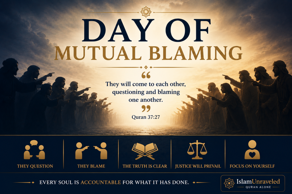 Two opposing groups accuse one another while a bright light separates them, illustrating the Quran's description of the Day of Mutual Blaming in Quran 37:27, when people question and blame one another.