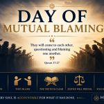 Two opposing groups accuse one another while a bright light separates them, illustrating the Quran's description of the Day of Mutual Blaming in Quran 37:27, when people question and blame one another.