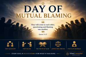 Two opposing groups accuse one another while a bright light separates them, illustrating the Quran's description of the Day of Mutual Blaming in Quran 37:27, when people question and blame one another.