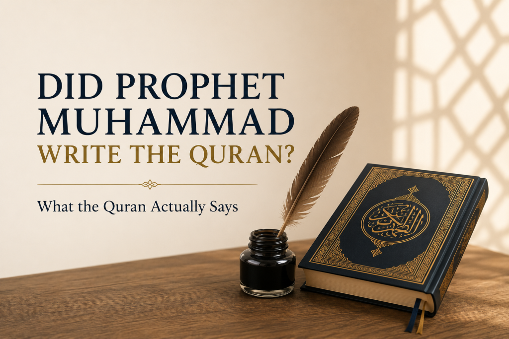 An open Quran beside an ink pot and feather quill, symbolizing a Quran-centered examination of whether Prophet Muhammad authored the Quran or faithfully recorded God's revelation.