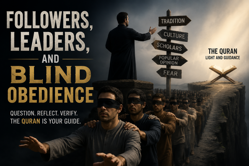 Blindfolded followers walking behind a leader while the Quran shines as the true source of guidance, illustrating the danger of blind obedience and the importance of verifying religious teachings.