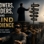 Blindfolded followers walking behind a leader while the Quran shines as the true source of guidance, illustrating the danger of blind obedience and the importance of verifying religious teachings.
