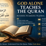 An open Quran illuminated by divine light alongside the words, “The Most Gracious, Teacher of the Quran” (Quran 55:1–2), symbolizing that God alone teaches His revelation.