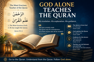 An open Quran illuminated by divine light alongside the words, “The Most Gracious, Teacher of the Quran” (Quran 55:1–2), symbolizing that God alone teaches His revelation.