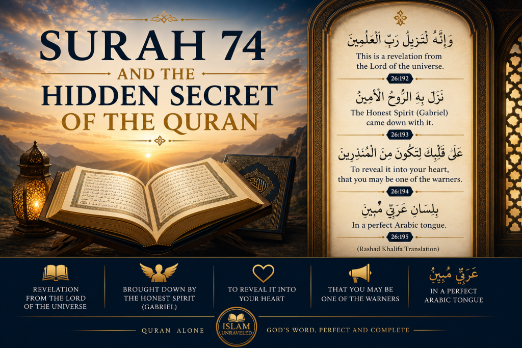 An open Quran illuminated by golden light beside the verses of Quran 26:192–195, highlighting the revelation brought by Gabriel in perfect Arabic and introducing the hidden Quranic significance explored in Surah 74.