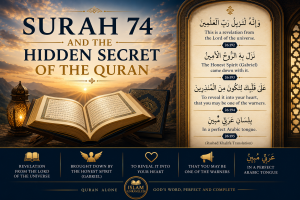 An open Quran illuminated by golden light beside the verses of Quran 26:192–195, highlighting the revelation brought by Gabriel in perfect Arabic and introducing the hidden Quranic significance explored in Surah 74.