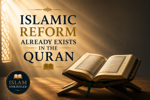 A minimalist illustration showing an open Quran on a wooden stand illuminated by warm light, symbolizing that genuine religious reform begins with God's revelation rather than human movements or institutions.