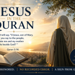 A robed figure representing Jesus overlooks a sunlit landscape beside an open Quran, with Quran 5:116 emphasizing that Jesus never called people to make him or his mother idols beside God.