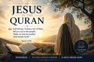 A robed figure representing Jesus overlooks a sunlit landscape beside an open Quran, with Quran 5:116 emphasizing that Jesus never called people to make him or his mother idols beside God.