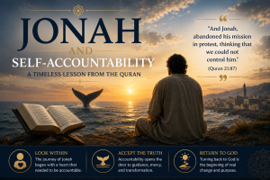 A contemplative figure overlooking the sea with an open Quran and a whale in the distance, illustrating the Quranic account of Jonah and the importance of self-accountability and returning to God.