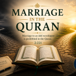 A symbolic illustration of an open Quran before a fork in the road. One path fades into shadow, representing marriage to an idol worshipper, while the other leads toward warm light, symbolizing devotion to God and a marriage founded upon faith and divine guidance.