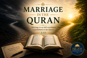 A symbolic illustration of an open Quran before a fork in the road. One path fades into shadow, representing marriage to an idol worshipper, while the other leads toward warm light, symbolizing devotion to God and a marriage founded upon faith and divine guidance.