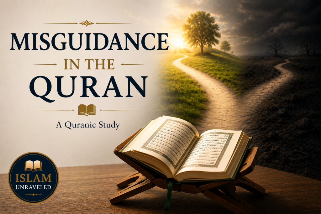 A minimalist illustration featuring an open Quran on a wooden stand beside a fork in the road with signs pointing toward "Guidance" and "Misguidance," symbolizing the Quran's teaching that people choose between God's guidance and going astray.