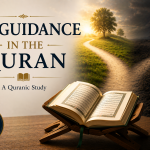 A minimalist illustration featuring an open Quran on a wooden stand beside a fork in the road with signs pointing toward "Guidance" and "Misguidance," symbolizing the Quran's teaching that people choose between God's guidance and going astray.