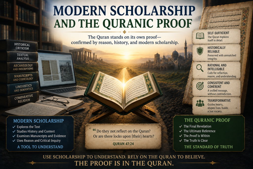 An open Quran illuminated at the center between symbols of modern scholarship and the Quran's internal proof, illustrating that scholarship can aid understanding while the Quran remains the final authority and proof.