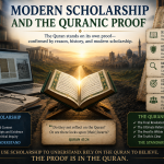 An open Quran illuminated at the center between symbols of modern scholarship and the Quran's internal proof, illustrating that scholarship can aid understanding while the Quran remains the final authority and proof.