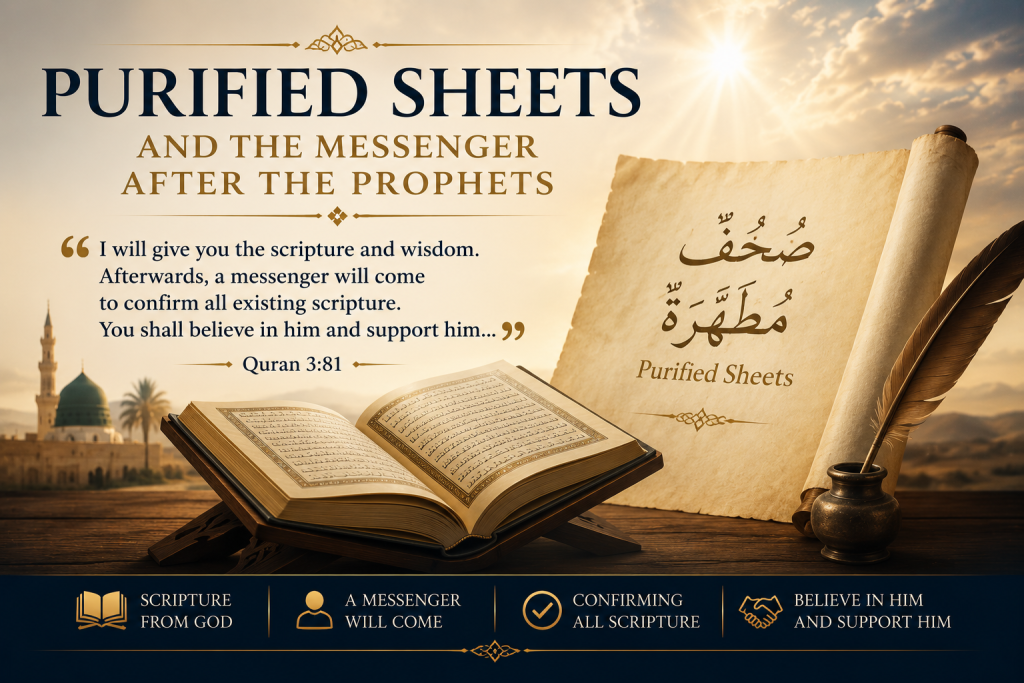 An open Quran beside a scroll labeled "Purified Sheets," symbolizing the Quran's pure revelation and the messenger foretold in God's covenant with the prophets (Quran 3:81 and 98:2–3).