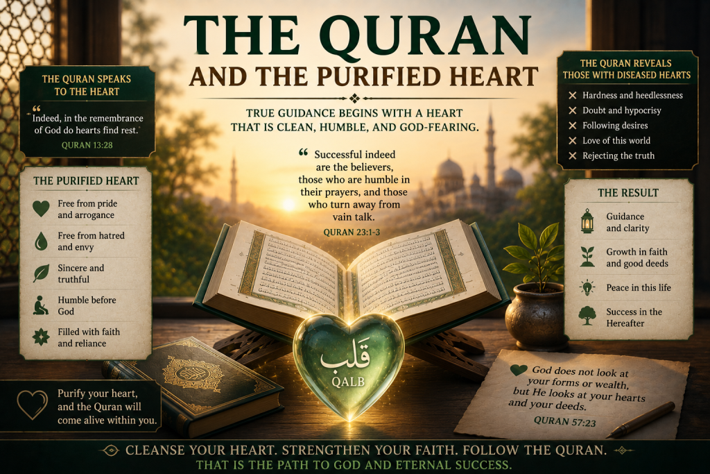 An open Quran beside a radiant heart symbolizing a purified heart that receives God's guidance through faith, humility, sincerity, and reflection.
