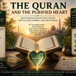 An open Quran beside a radiant heart symbolizing a purified heart that receives God's guidance through faith, humility, sincerity, and reflection.