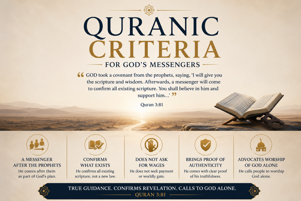An open Quran beneath a sunrise illustrating the Quranic criteria for God's messengers based on Quran 3:81, highlighting the covenant of a messenger who confirms existing scripture and calls people to worship God alone.