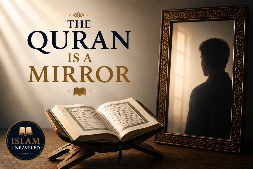 A minimalist illustration showing an open Quran on a wooden stand beside an ornate mirror reflecting the silhouette of a person, symbolizing that the Quran reveals the true condition of the human heart.