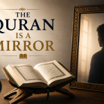 A minimalist illustration showing an open Quran on a wooden stand beside an ornate mirror reflecting the silhouette of a person, symbolizing that the Quran reveals the true condition of the human heart.