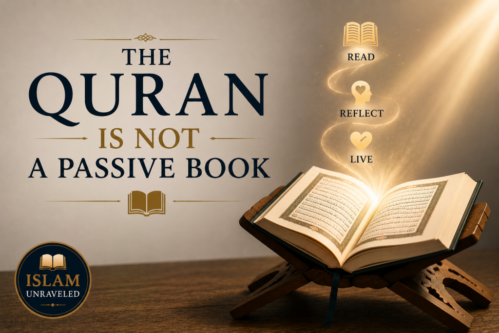 A minimalist illustration of an open Quran on a wooden stand with light radiating upward toward the words "Read," "Think," "Reflect," "Act," and "Change," symbolizing the Quran's active role in transforming those who engage with it.
