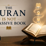 A minimalist illustration of an open Quran on a wooden stand with light radiating upward toward the words "Read," "Think," "Reflect," "Act," and "Change," symbolizing the Quran's active role in transforming those who engage with it.