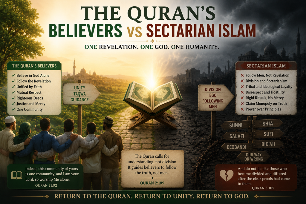 A split illustration contrasting the Quran's united community of believers with sectarian divisions, centered on an illuminated Quran as the source of unity and guidance.