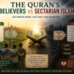 A split illustration contrasting the Quran's united community of believers with sectarian divisions, centered on an illuminated Quran as the source of unity and guidance.