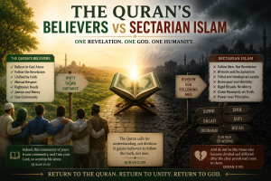 A split illustration contrasting the Quran's united community of believers with sectarian divisions, centered on an illuminated Quran as the source of unity and guidance.