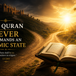 A minimalist illustration of an open Quran on a wooden stand beside a signpost where the path labeled "Power" is crossed out while the path labeled "Guidance" remains clear, illuminated by warm rays of light to symbolize the Quran's emphasis on guidance over political authority.
