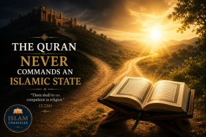 A minimalist illustration of an open Quran on a wooden stand beside a signpost where the path labeled "Power" is crossed out while the path labeled "Guidance" remains clear, illuminated by warm rays of light to symbolize the Quran's emphasis on guidance over political authority.