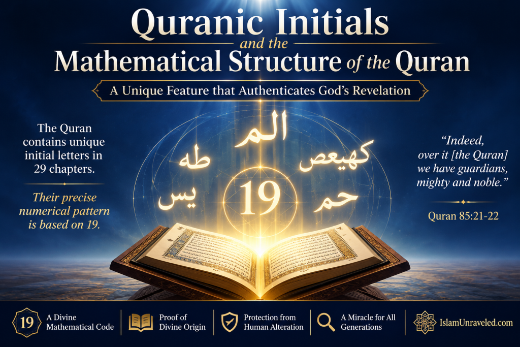 Open Quran surrounded by glowing Quranic initials and the number 19, illustrating the mathematical structure embedded within the Quran as a sign of divine authorship.