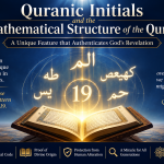 Open Quran surrounded by glowing Quranic initials and the number 19, illustrating the mathematical structure embedded within the Quran as a sign of divine authorship.