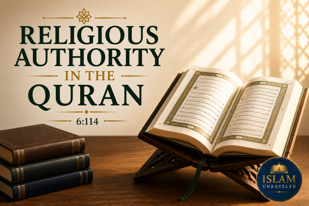 A symbolic illustration of an open Quran on a wooden stand beside a stack of human religious books labeled "Hadith," "Fiqh," "Scholars' Opinions," and "Traditions," with a rolled parchment labeled "Man-Made Authority." Warm sunlight illuminates the Quran, emphasizing God's revelation as the ultimate religious authority.