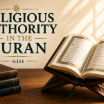 A symbolic illustration of an open Quran on a wooden stand beside a stack of human religious books labeled "Hadith," "Fiqh," "Scholars' Opinions," and "Traditions," with a rolled parchment labeled "Man-Made Authority." Warm sunlight illuminates the Quran, emphasizing God's revelation as the ultimate religious authority.