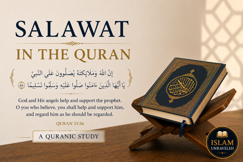 A minimalist illustration featuring an open Quran on a wooden stand alongside Surah 33:56 in Arabic and Rashad Khalifa's English translation, introducing a Quranic study of the meaning of salawat.