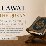 A minimalist illustration featuring an open Quran on a wooden stand alongside Surah 33:56 in Arabic and Rashad Khalifa's English translation, introducing a Quranic study of the meaning of salawat.