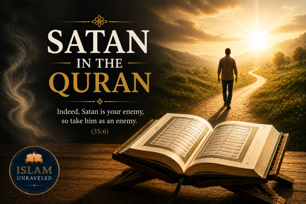 A symbolic illustration of an open Quran illuminated by warm light, a traveler walking toward a bright horizon, and a shadowy figure fading into darkness, representing the Quran's teaching that Satan invites and deceives but cannot compel those who seek God's guidance.