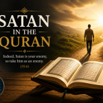A symbolic illustration of an open Quran illuminated by warm light, a traveler walking toward a bright horizon, and a shadowy figure fading into darkness, representing the Quran's teaching that Satan invites and deceives but cannot compel those who seek God's guidance.