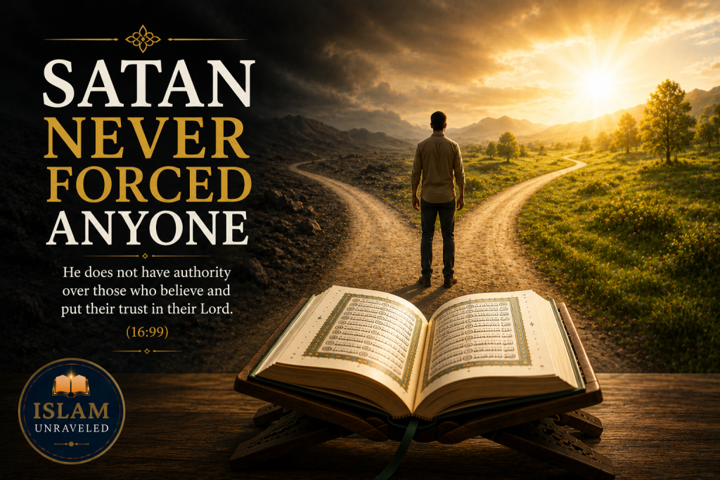 A symbolic illustration showing a traveler standing at a fork in the road, with one path leading toward darkness labeled "Whispers," "Temptation," and "Deception," and the other toward light labeled "Truth," "Guidance," and "Responsibility." An open Quran rests in the foreground, illuminated by warm light, emphasizing that every person chooses his or her own path.