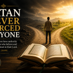 A symbolic illustration showing a traveler standing at a fork in the road, with one path leading toward darkness labeled "Whispers," "Temptation," and "Deception," and the other toward light labeled "Truth," "Guidance," and "Responsibility." An open Quran rests in the foreground, illuminated by warm light, emphasizing that every person chooses his or her own path.