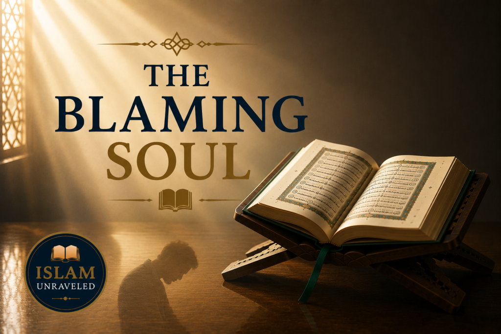 A minimalist illustration of an open Quran resting on a wooden stand, illuminated by soft rays of light, with a faint reflection of a bowed figure in the polished tabletop, symbolizing the Quranic concept of the self-reproaching soul.