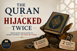 A minimalist illustration of an open Quran resting on a wooden stand surrounded by broken chains and two tags labeled "After the Prophets" and "After the Quran," symbolizing two historical departures from God's revelation.