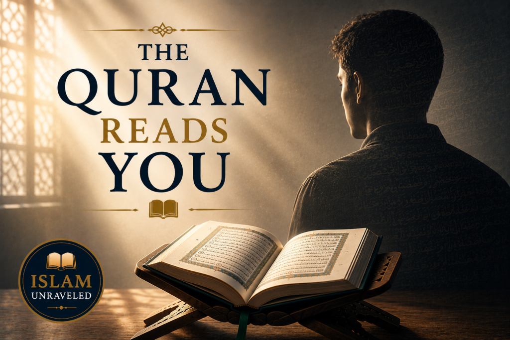 A minimalist illustration showing an open Quran on a wooden stand before a silhouetted person, with subtle Quranic script blending into the figure, symbolizing that God's revelation exposes the reader's inner condition.
