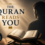 A minimalist illustration showing an open Quran on a wooden stand before a silhouetted person, with subtle Quranic script blending into the figure, symbolizing that God's revelation exposes the reader's inner condition.