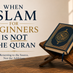 A minimalist illustration featuring an open Quran on a wooden stand beneath the title "When Islam for Beginners Is Not the Quran," emphasizing the importance of distinguishing God's revelation from later religious summaries.