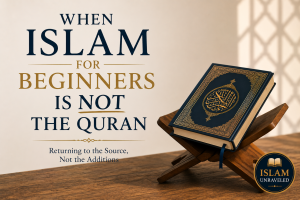 A minimalist illustration featuring an open Quran on a wooden stand beneath the title "When Islam for Beginners Is Not the Quran," emphasizing the importance of distinguishing God's revelation from later religious summaries.